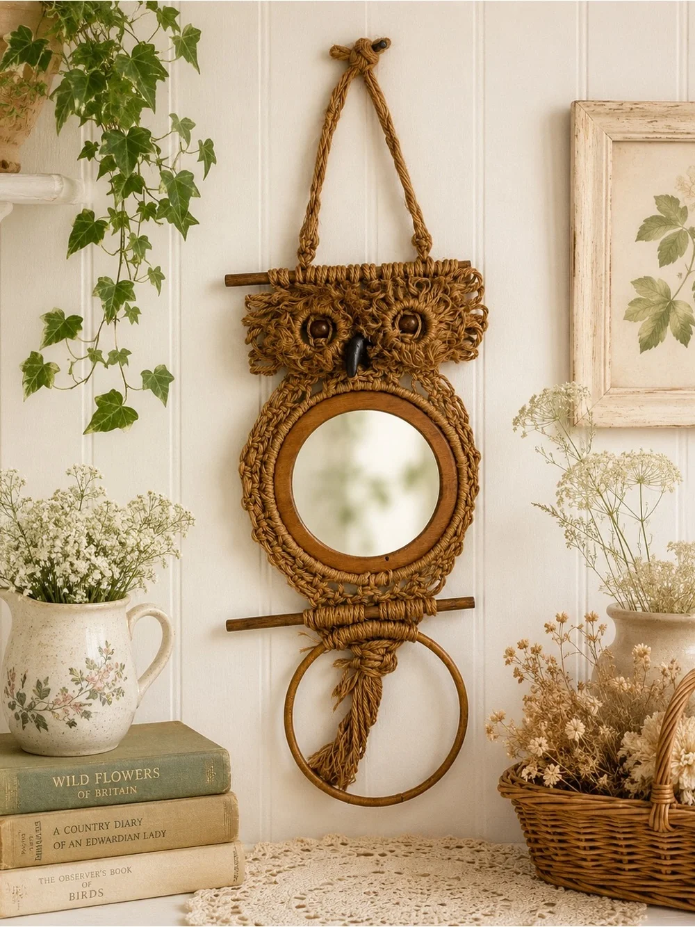 Vintage Macrame Owl Mirror Towel Holder Boho Wall Hanging Cottagecore 30”